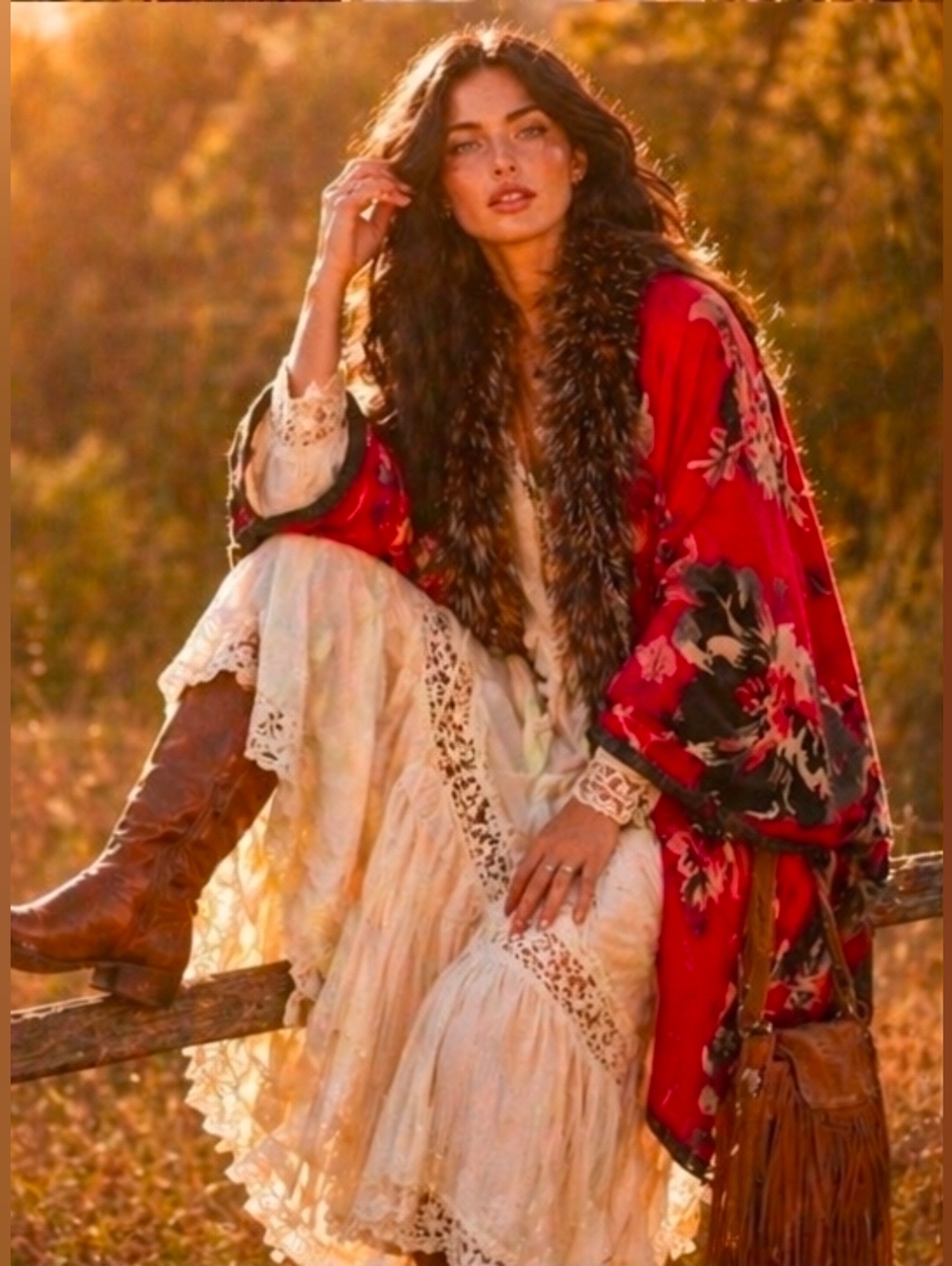 Anthropologie Red Floral Faux Fur Reversible In Cape/Wrap Red 70"x25 NIP$160